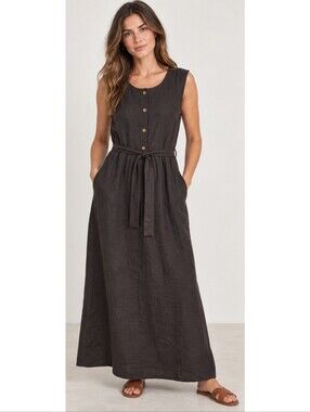 Linen Sea Charcoal Gray Midi Dress Button Belt Sleeveless Classic Long Maxi